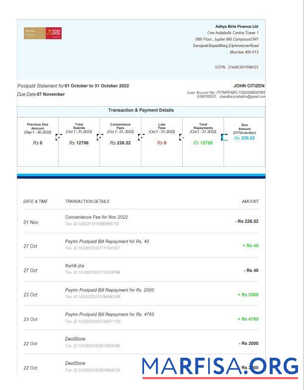 Realistic India Aditya Birla Finance Ltd bank statement word 3 pages real example